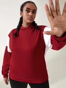 Plus Two Tone Drop Shoulder Sports Hoodie - Burgundy - View 4