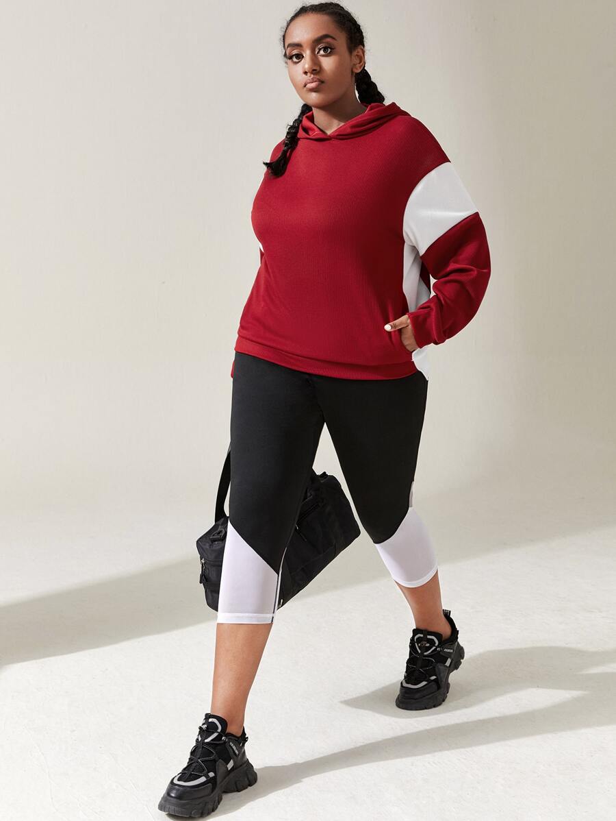 Plus Two Tone Drop Shoulder Sports Hoodie - Burgundy - View 1