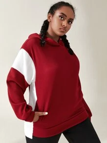 Plus Two Tone Drop Shoulder Sports Hoodie - Burgundy - View 5