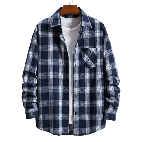 

Men Plaid Button Through Shirt Without Tee, Blue and white