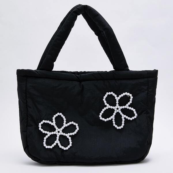 

Faux Pearl Decor Top Handle Bag, Black