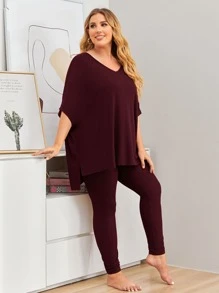SHEIN LUNE Plus Solid High Low Tee & Leggings Set - Maroon - View 2