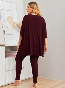 SHEIN LUNE Plus Solid High Low Tee & Leggings Set - Maroon - View 3