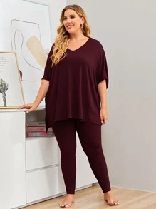 SHEIN LUNE Plus Solid High Low Tee & Leggings Set - Maroon - View 4