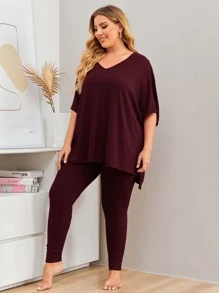 SHEIN LUNE Plus Solid High Low Tee & Leggings Set - Maroon - View 5