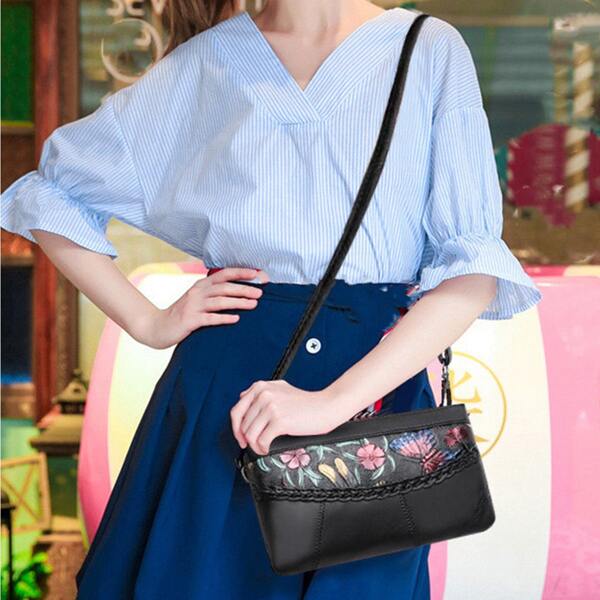 

Floral Graphic Braided Design Crossbody Bag, Black