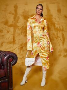 SHEIN BAE Vestido de tie dye fruncido lateral bajo con abertura - Multicolor - Ver 1