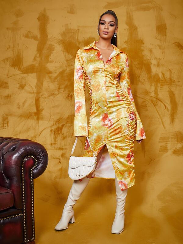 SHEIN BAE Tie Dye Ruched Side Slit Hem Dress