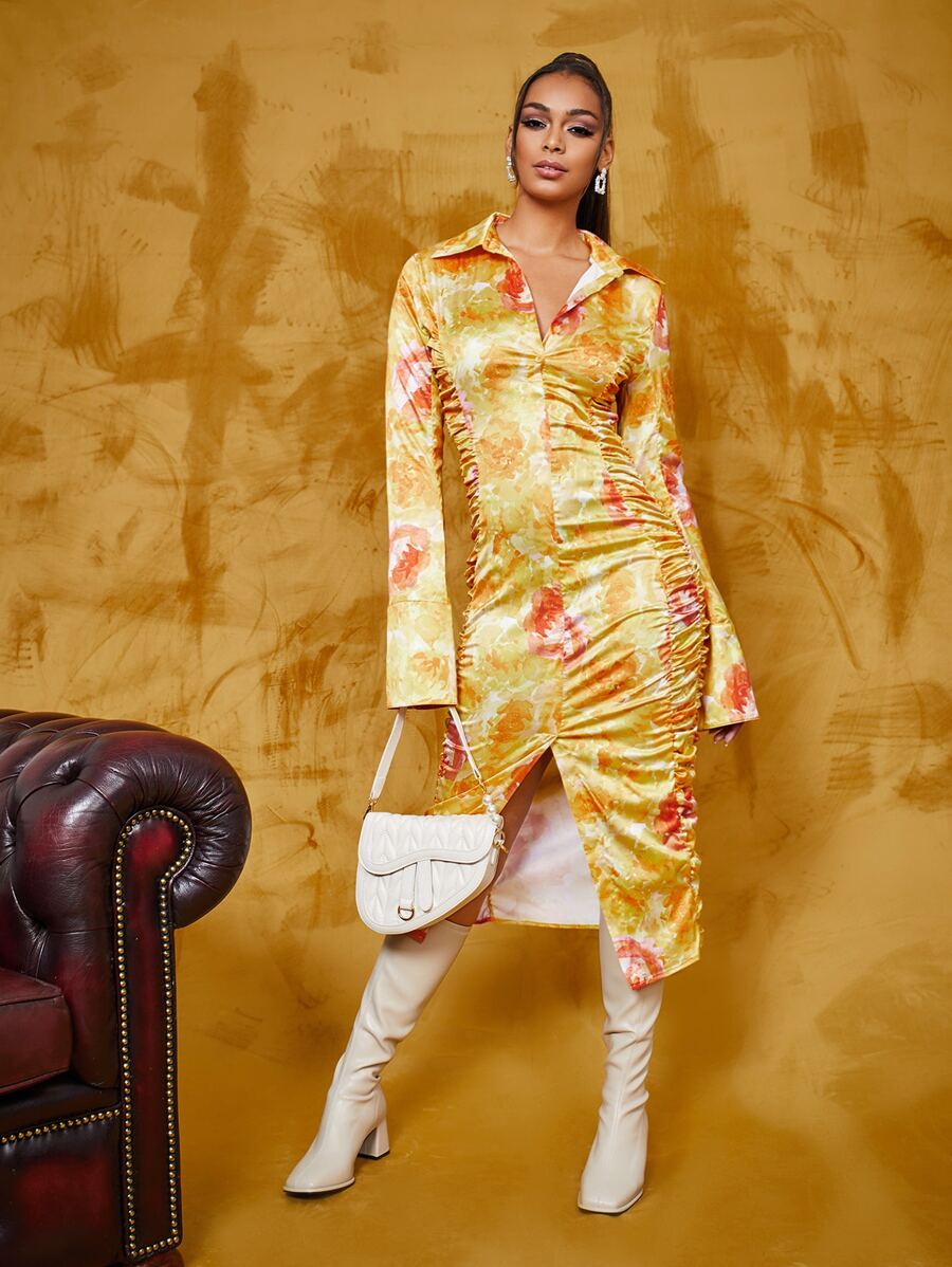 SHEIN BAE Vestido de tie dye fruncido lateral bajo con abertura - Multicolor - Ver 1