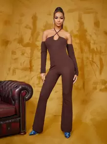 SHEIN BAE Solid Cold Shoulder Backless Jumpsuit