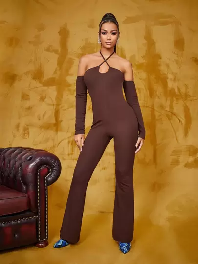 SHEIN BAE Solid Cold Shoulder Backless Jumpsuit