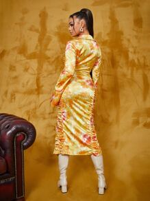 SHEIN BAE Vestido de tie dye fruncido lateral bajo con abertura - Multicolor - Ver 2