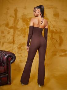 SHEIN BAE Solid Cold Shoulder Backless Jumpsuit
