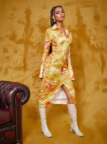 SHEIN BAE Vestido de tie dye fruncido lateral bajo con abertura - Multicolor - Ver 3