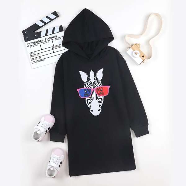 

Girls 1pc Zebra Print Hoodie Dress, Black