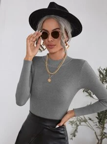 SHEIN Clasi Mock Neck Ribbed Knit Jumper - Grey - View 1