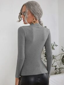 SHEIN Clasi Mock Neck Ribbed Knit Jumper - Grey - View 2