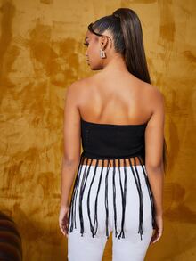 SHEIN Tassel Hem Waffle Knit Top - Black - View 2