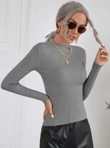 SHEIN Clasi Mock Neck Ribbed Knit Jumper - Grey - View 4