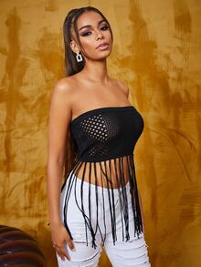 SHEIN Tassel Hem Waffle Knit Top - Black - View 5