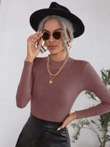 SHEIN Clasi 小高領條紋針織套頭毛衣 - 紅木色 - 查看 1