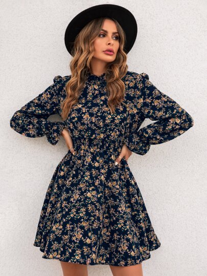 SHEIN LUNE Vestido línea A con estampado floral de cintura fruncido