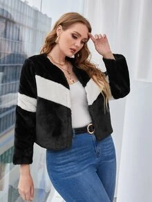 SHEIN Unity Plus Chevron Print Two Tone Fuzzy Coat - Black - View 2
