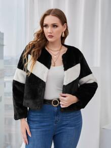 SHEIN Unity Plus Chevron Print Two Tone Fuzzy Coat - Black - View 1
