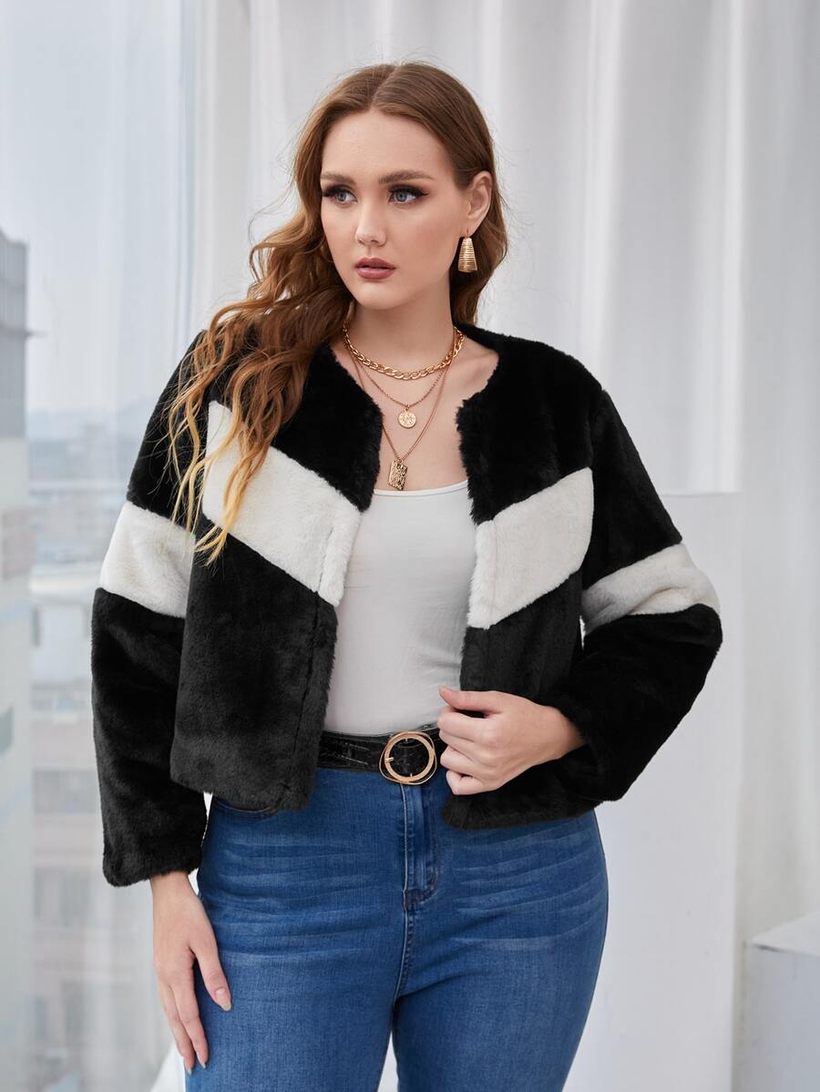 SHEIN Unity Áo khoác lông thú giả Plus Size Khối Màu Giải trí - màu đen - Xem 1