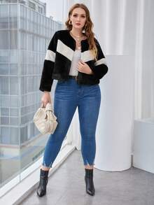 SHEIN Unity Plus Chevron Print Two Tone Fuzzy Coat - Black - View 5