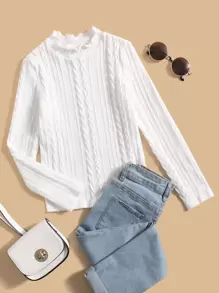 SHEIN Girls Cable Textured Lettuce Trim Mock Neck Tee - White - View 1