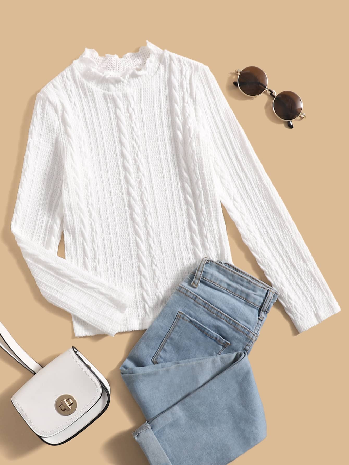 SHEIN Girls Cable Textured Lettuce Trim Mock Neck Tee - White - View 1