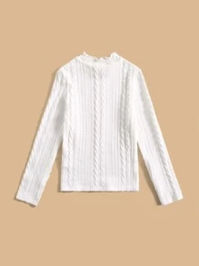 SHEIN Girls Cable Textured Lettuce Trim Mock Neck Tee - White - View 2