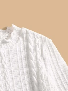 SHEIN Girls Cable Textured Lettuce Trim Mock Neck Tee - White - View 3