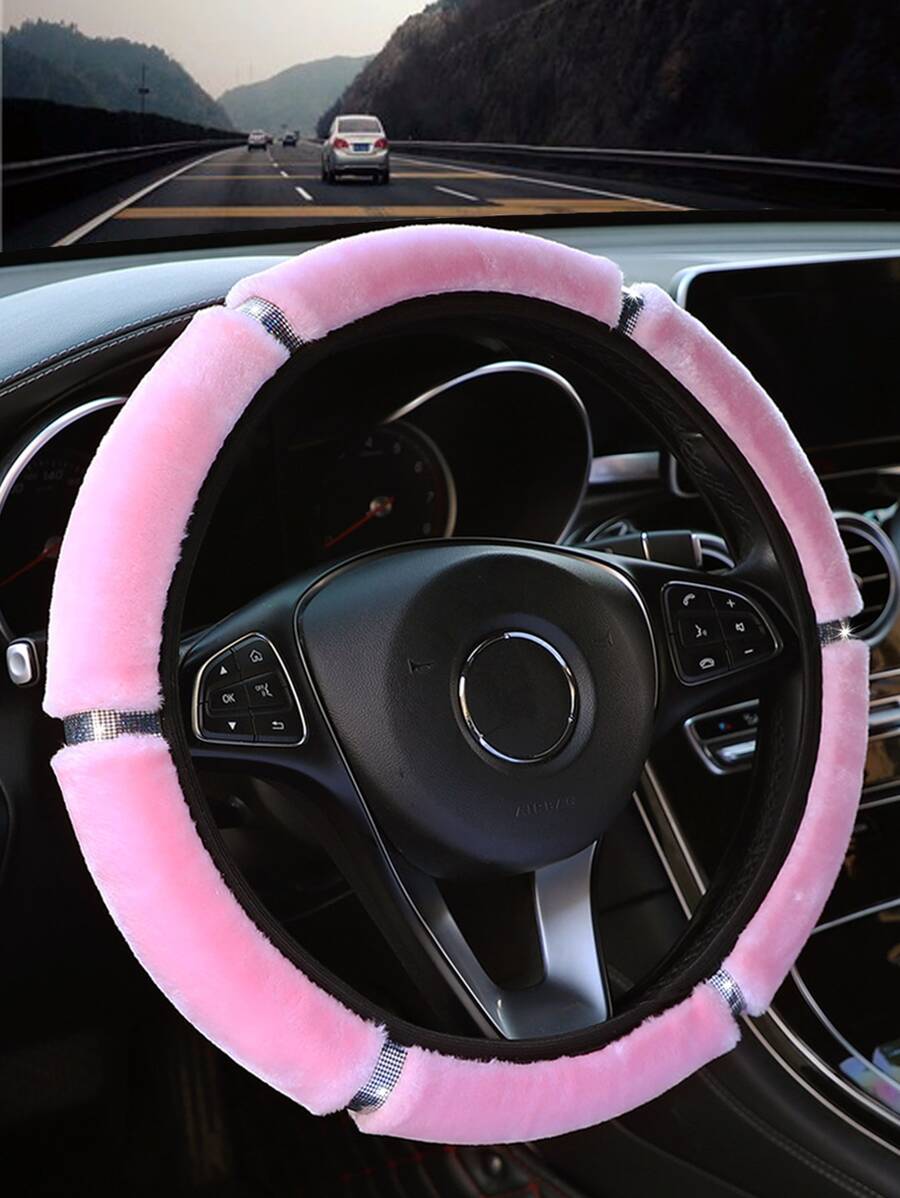 1pc Fluffy Steering Wheel Cover - Baby Pink - View 1