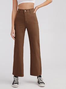 High Waist Solid Jeans - Coffee Brown - View 1