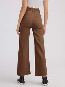 High Waist Solid Jeans - Coffee Brown - View 2