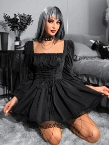 Vestido gótico con cordón pecho con fruncido fruncido trasero bajo con encaje - Negro - Ver 1