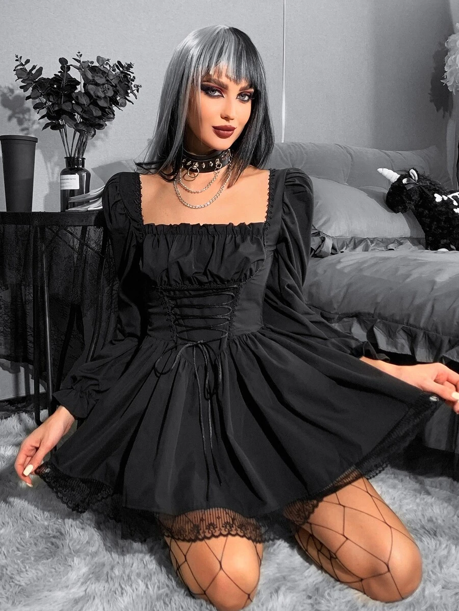 Vestido gótico con cordón pecho con fruncido fruncido trasero bajo con encaje - Negro - Ver 1