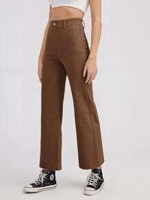 High Waist Solid Jeans - Coffee Brown - View 3