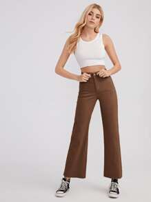 High Waist Solid Jeans - Coffee Brown - View 4