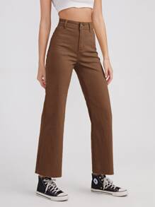 High Waist Solid Jeans - Coffee Brown - View 5