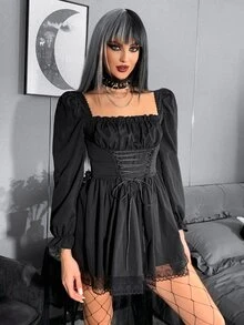 Vestido gótico con cordón pecho con fruncido fruncido trasero bajo con encaje - Negro - Ver 4