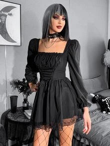 Vestido gótico con cordón pecho con fruncido fruncido trasero bajo con encaje - Negro - Ver 5