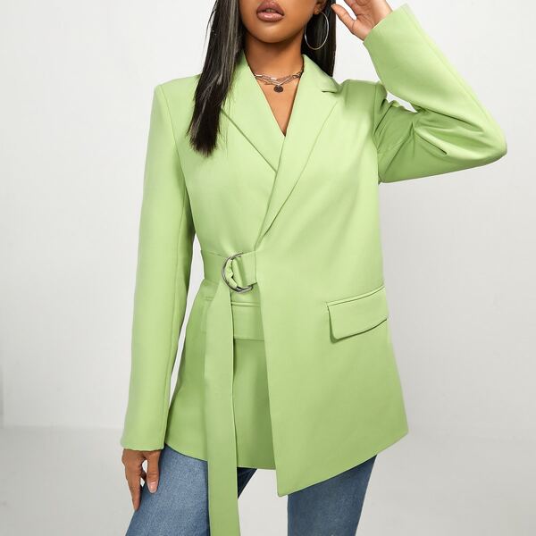 

Lapel Neck Buckle Waist Blazer, Green