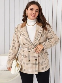 SHEIN Unity Plus Plaid Print Contrast Collar Double Breasted Belted Overcoat - Khaki - View 4