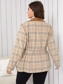 SHEIN Unity Plus Plaid Print Contrast Collar Double Breasted Belted Overcoat - Khaki - View 5