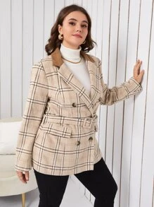 SHEIN Unity Plus Plaid Print Contrast Collar Double Breasted Belted Overcoat - Khaki - View 1