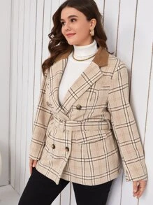 SHEIN Unity Plus Plaid Print Contrast Collar Double Breasted Belted Overcoat - Khaki - View 2