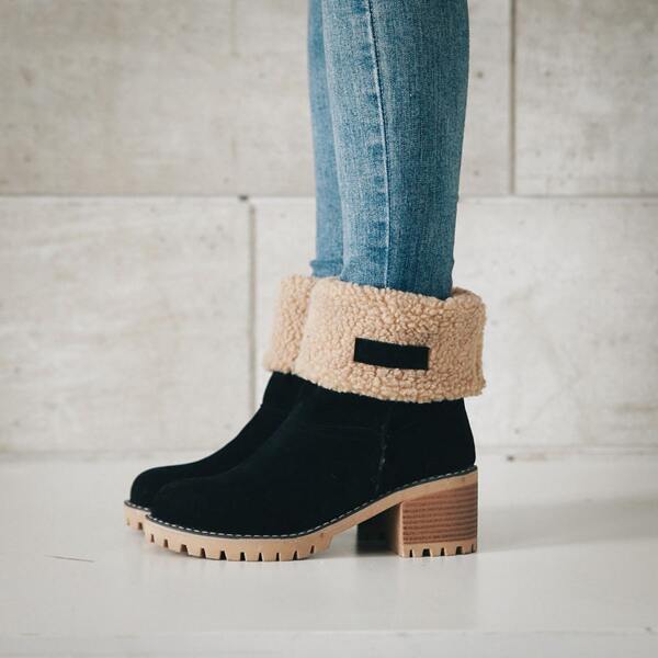 

Minimalist Fluffy Trim Slip On Chunky Heeled Boots, Black